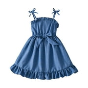 FUNDUFI Kids Girl's Dresses Sleeveless Solid Color Ruffled Denim Dress Soft Breathable Loose Summer Pleated Princess Dresses Lovely Girl's Sundress